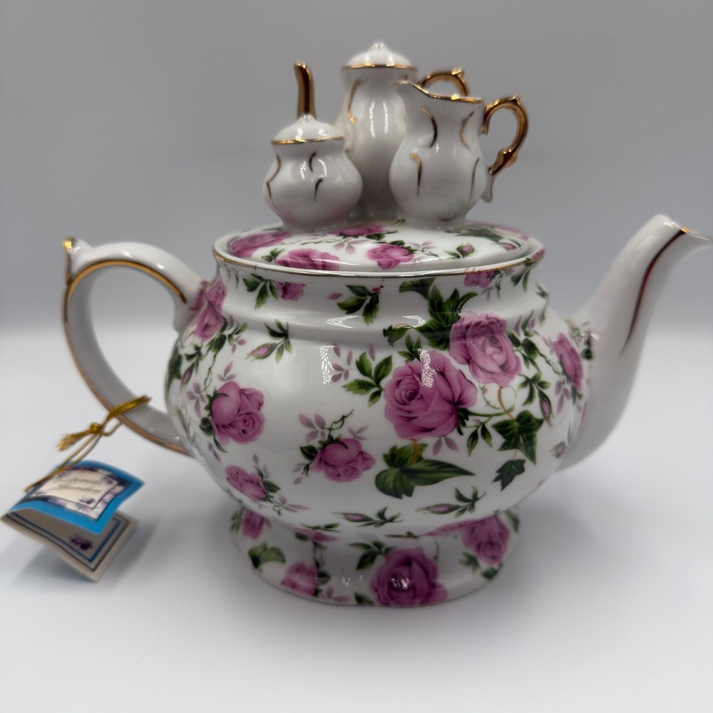 Victoria's Garden Tea Room Pink Rose Porcelain Teapot with Miniature Set Lid NEW